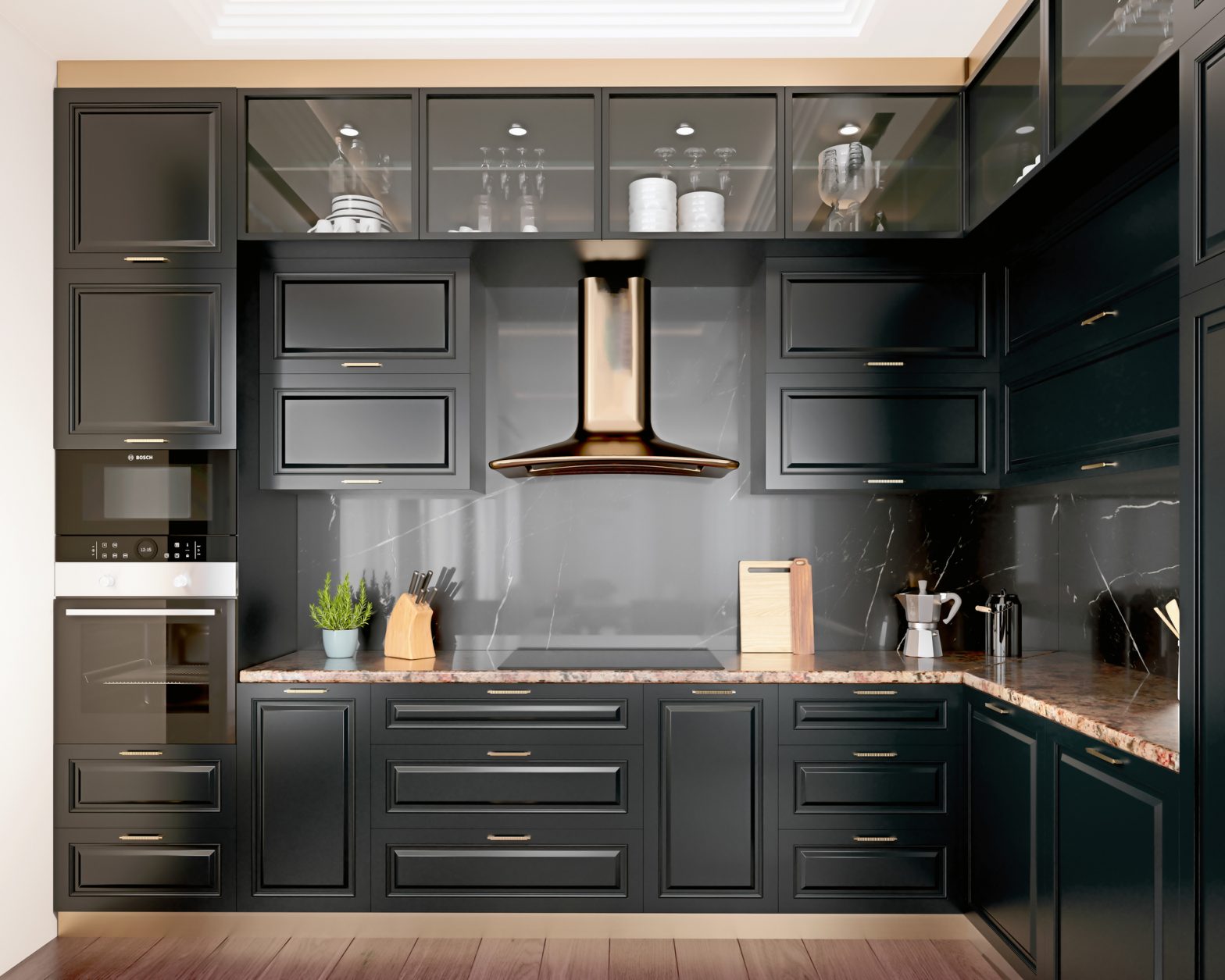black kitchen cabinets with granite countertops